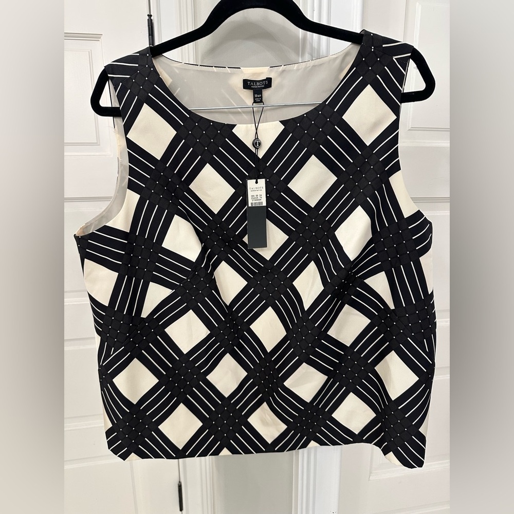 NEW Talbots Womens 18 Petite Shell Blouse 100% Silk Black Cream Plaid Sleeveless